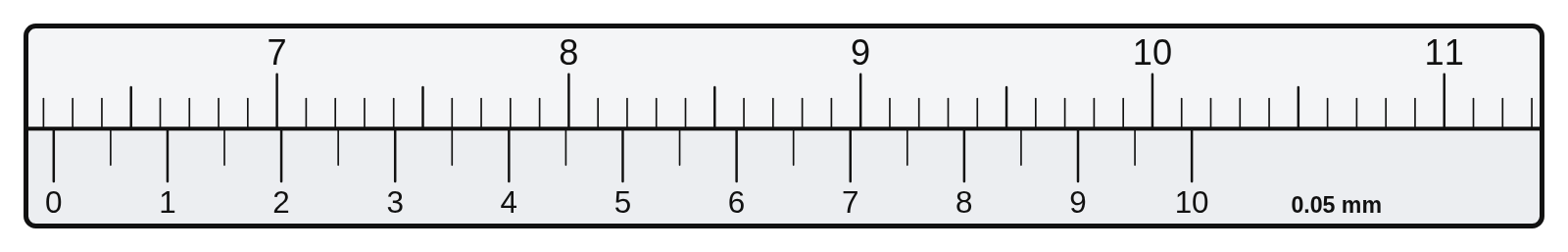 A close-up strip of a caliper’s main scale and 0.05 mm sliding scale reading 62.35 mm
