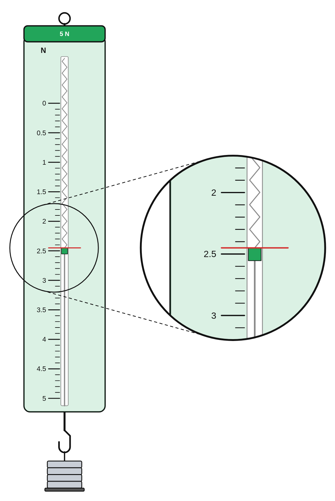 A green 5 N spring scale holding a hanger with four slotted masses, the pointer at 2.45 N, with a magnified view