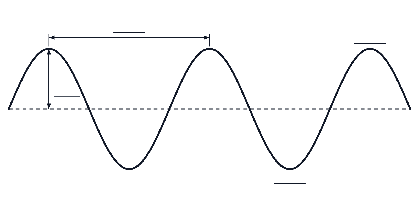 A transverse wave about a dashed rest line, with no axes, with blank lines for its wavelength, amplitude, a crest and a trough